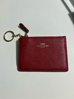 Coach Red Leather Zip Card Case Key Ring